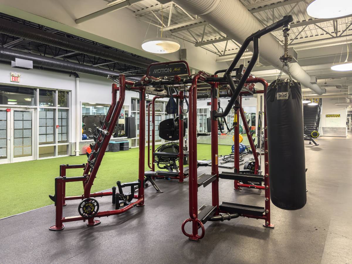 Gold's Gym Langley's function training equipment and artificial turf.